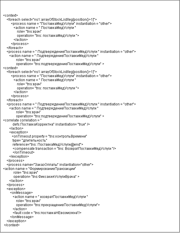 : <context> 
    <foreach select="ns1:arrayOfStockList/leg[position()>1]">
         <process name = "" instantiation = "other"> 
            <action name = "  "
                role= "tns:" 
                operation= "tns:  "> 
            </action>
         </process> 
    </foreach>
    <process name = "  " instantiation = "other"> 
       <action name = "  " 
               role= "tns:" 
               operation= "tns:" >
<context> 
    <foreach select="ns1:arrayOfStockList/leg[position()>1]">
         <process name = "" instantiation = "other"> 
            <action name = "  "
                role= "tns:" 
                operation= "tns:  "> 
            </action>
         </process> 
    </foreach>
    <process name = "  " instantiation = "other"> 
       <action name = "  " 
               role= "tns:" 
               operation= "tns:" >
<correlate correlation = "
           defs:" instantiation= "true" /> 
       </action>
       <exception>
          <onTimeout property = "tns:" 
           type= "" 
           reference="tns: @end">
           <compensate transaction = "tns:  "/>
           </onTimeout> 
       </exception>
    </process>
    <process name="" instantiation="other"> 
<action name = "" 
            role= "tns:"
            operation= "tns:" > 
       </action> 
    </process> 
    <exception> 
        <onMessage> 
           <action name = "  " 
               role= "tns:" 
               operation= "tns:">
           </action>
           <fault code = "tns:"/>
        </onMessage>
    </exception>
 </context> 


